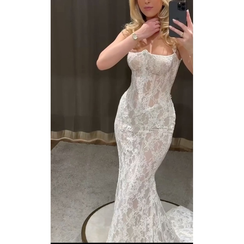 White Strapless Appliques Lace Mermaid Elegant Wedding Dress, DP3773