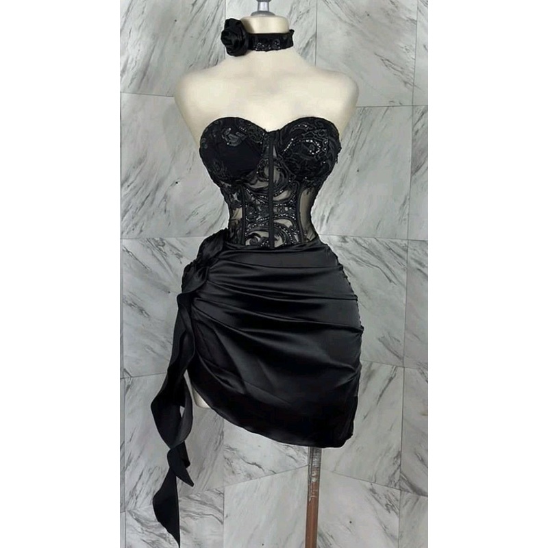 Black Sweetheart Lace Satin Short Party Dress Mini Birthday Outfits, DP4019