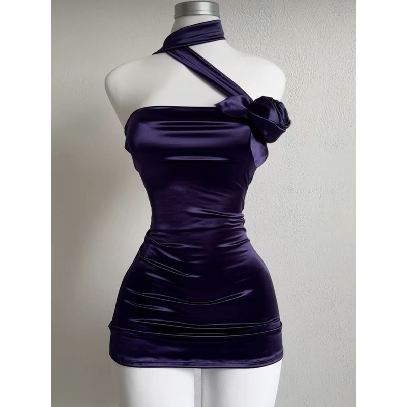 Charming Dark Purple Halter Satin Short Evening Party Dress, DP4017