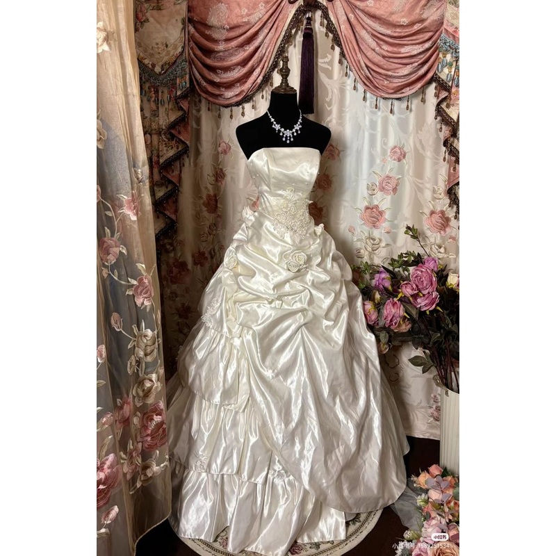 Ivory Strapless A-Line Satin Vintage Long Wedding Dress, DP4076
