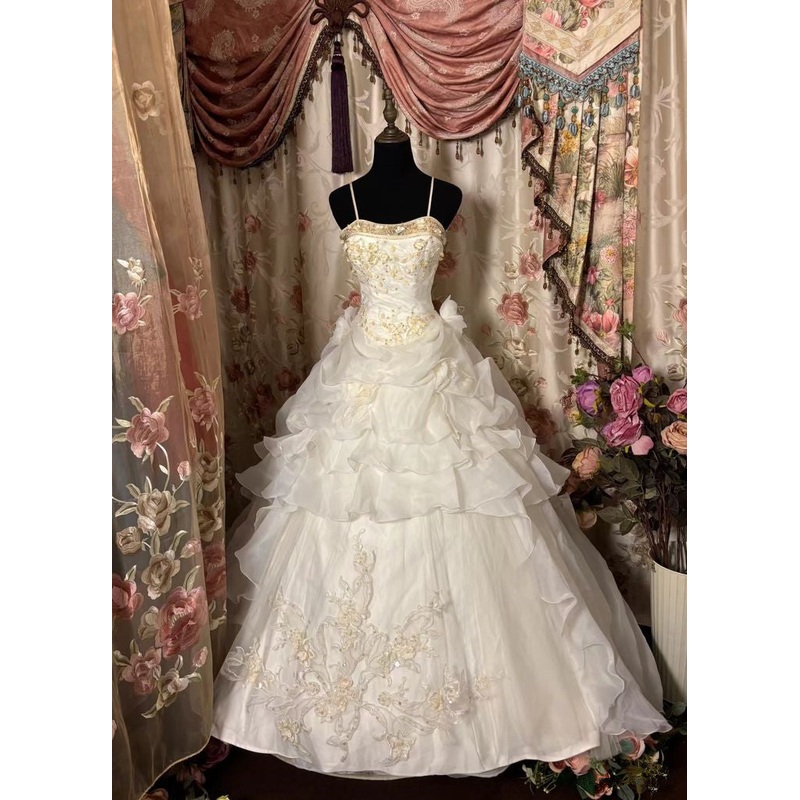 Vintage Spaghetti Straps A-Line Sequins Tiered Long Wedding Dress, DP4121