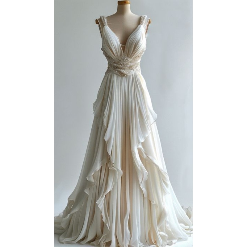 Elegant Ivory Straps V Neck A-Line Beads Sequin Retro Wedding Dress, DP4177
