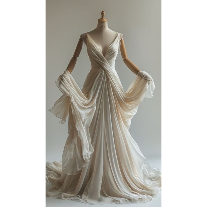 Elegant Ivory Straps V Neck A-Line Retro Wedding Dress, DP4176