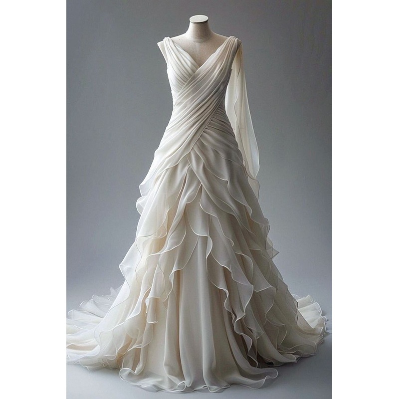 Elegant V Neck Ivory A-Line Layers Vintage Wedding Dress, DP4169
