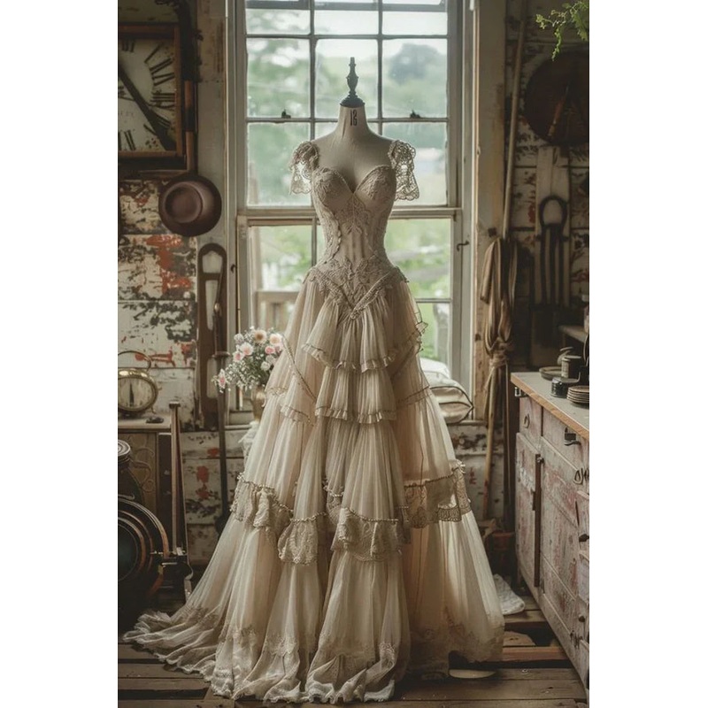 Ivory Sweetheart A-Line Lace Tiered Wedding Dress Evening Gown, DP4163