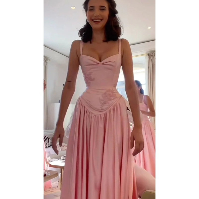 Pink Straps A-Line Long Party Dress Elegant Bridesmaid Dress, DP4142
