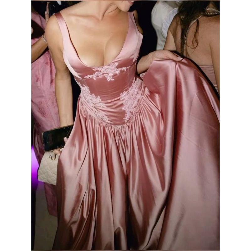 Pink Straps A-Line Satin Long Party Dress Elegant Bridesmaid Dress, DP4240