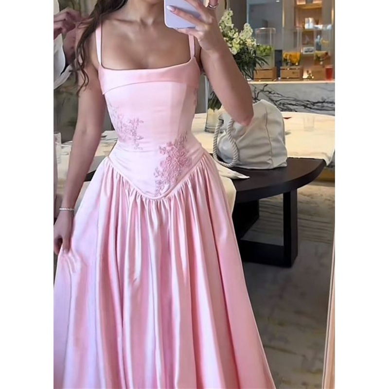 Pink Straps A-Line Satin Long Party Dress Elegant Bridesmaid Dress, DP4241