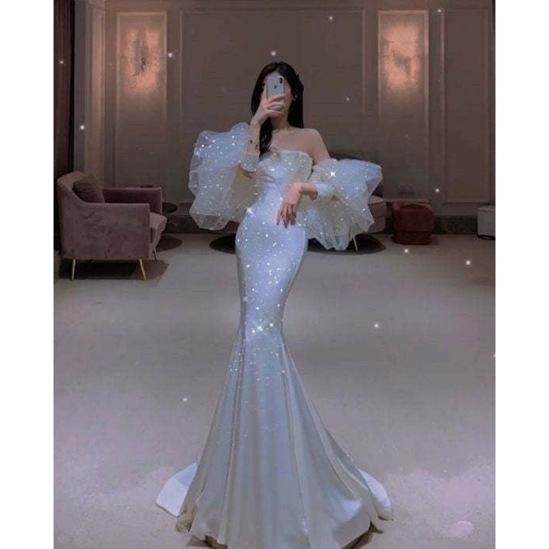 Stunning White Strapless Mermaid Satin Long Wedding Dress, DP4201