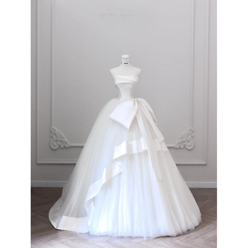 White Strapless A-Line Tulle Elegant Wedding Dress, DP4257