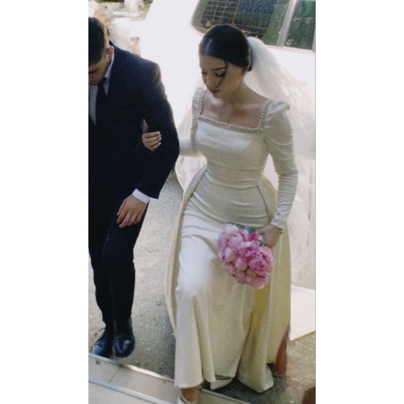 White Square Neck Long Sleeves Sheath Elegant Wedding Dress, DP4419