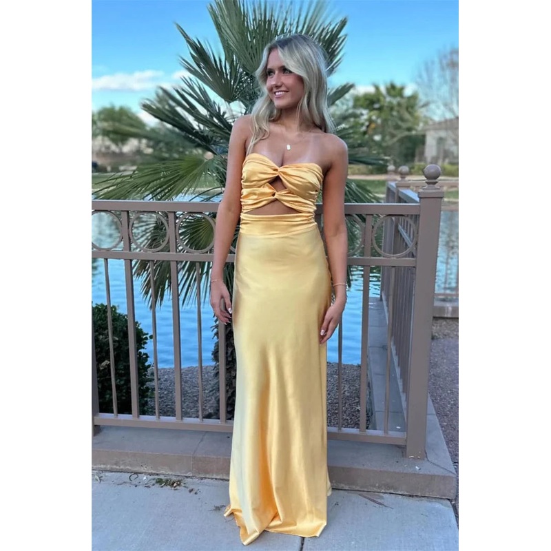 Yellow Strapless A-Line Satin Long Party Dress Simple Wedding Guest Dress, DP4487