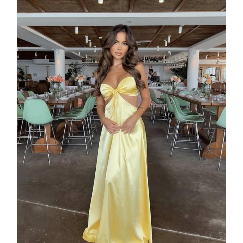 Yellow Strapless A-Line Satin Simple Long Party Dress Wedding Guest Dress, DP4533
