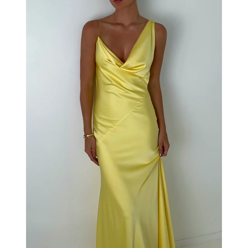 Yellow Straps Sheath Satin Simple Long Party Dress Wedding Guest Dress, DP4534