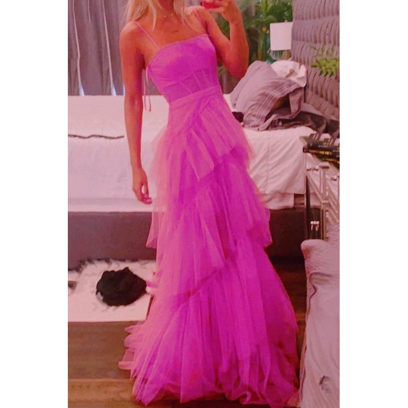 A Line Hot Pink New Arrival Spaghetti Straps Floor Length Prom Dress With Ruffles ,DS4564