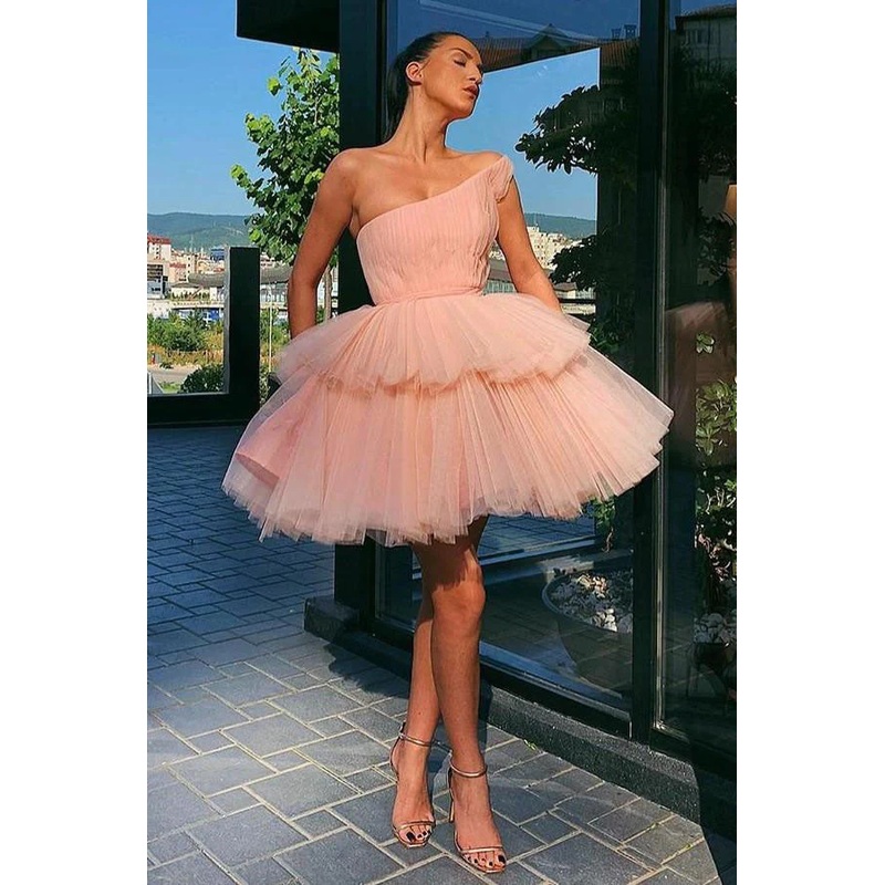 A Line One Shoulder Pink Tulle Cocktail Dresses With Layers Skirt, Homecoming Dress,EQ9669