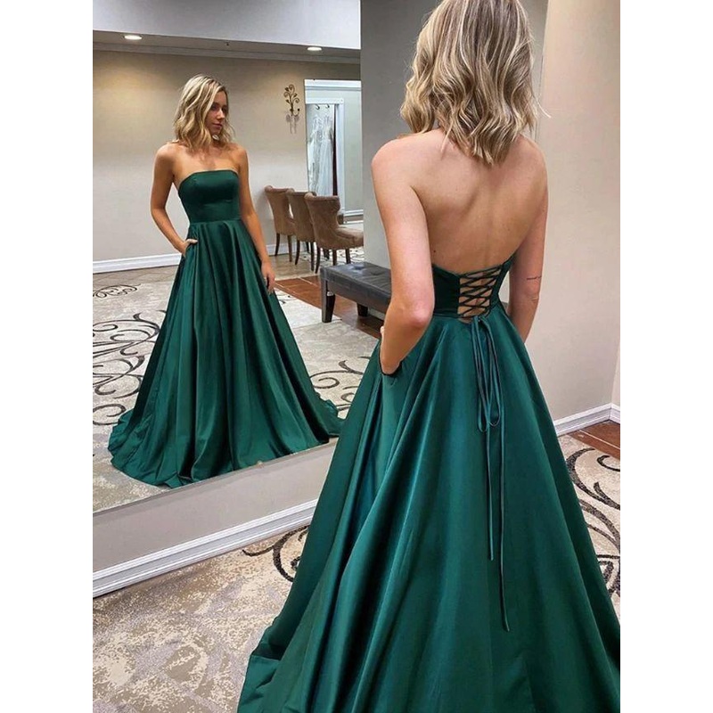 A Line Satin Strapless Hunter Long Prom Dresses Lace Up With Pockets,DS4085