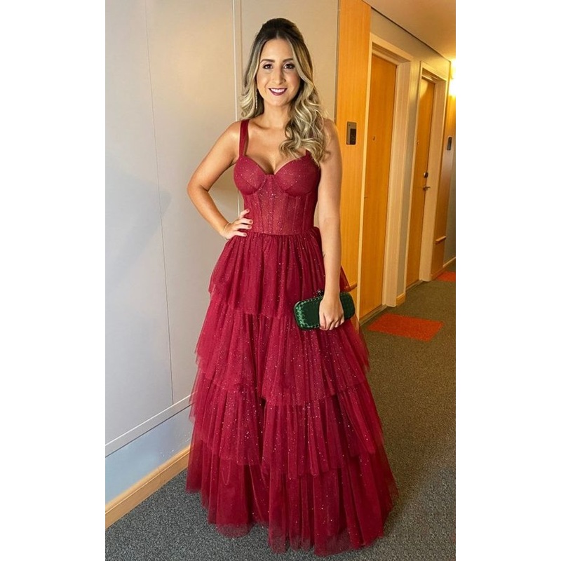 A-line Glitter Straps Elegant Tulle Tiered Long Evening Prom Dresses,DP593
