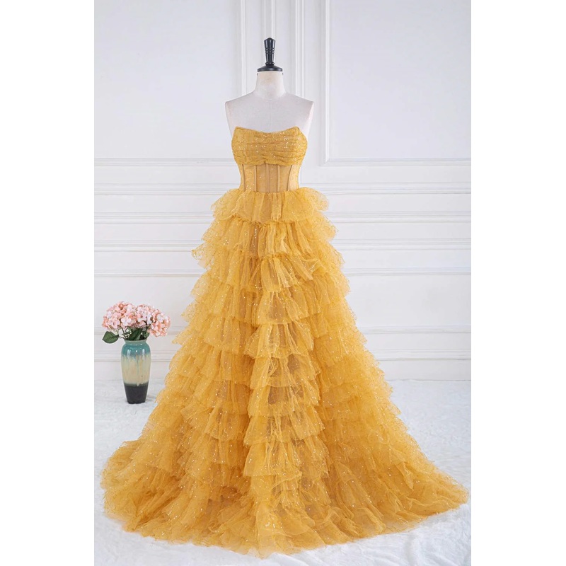 Yellow Strapless Tulle Layered A-Line Prom Dress,DP963
