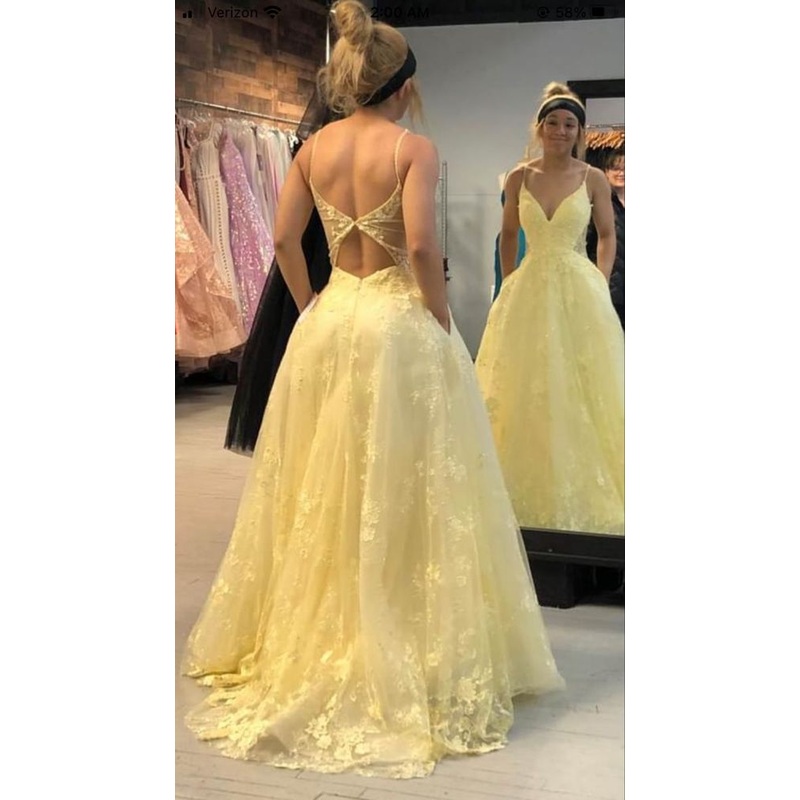 Yellow V Neck Open Back A-Line Long Prom Dress Elegant Party Dress,DP895