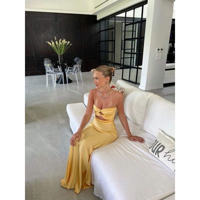 Yellow Strapless Cut Out Long Prom Dress,DP1055