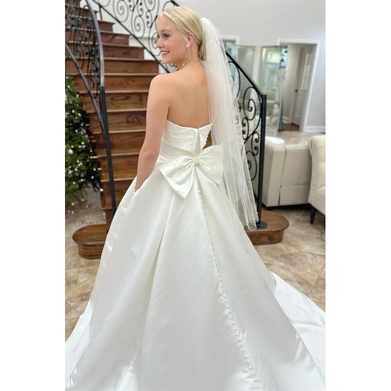White Strapless Bow-Back Pearls A-Line Wedding Dress,DP1321