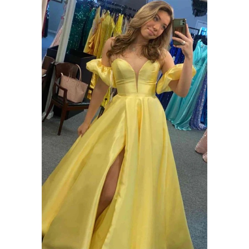 Yellow Sweetheart A-Line Satin Long Prom Dress with Slit,DP1400