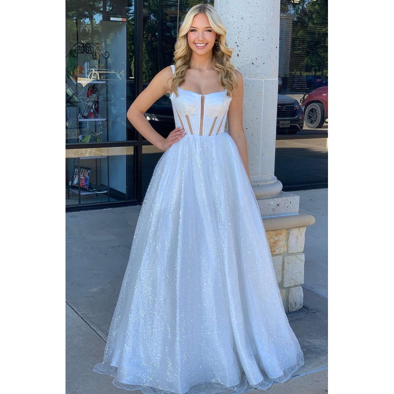 White Square Neck Shiny A-Line Long Prom Dress,DP1557