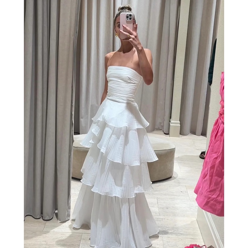 White Strapless A-Line Layers Long Prom Dress Light Wedding Dress,DP1497