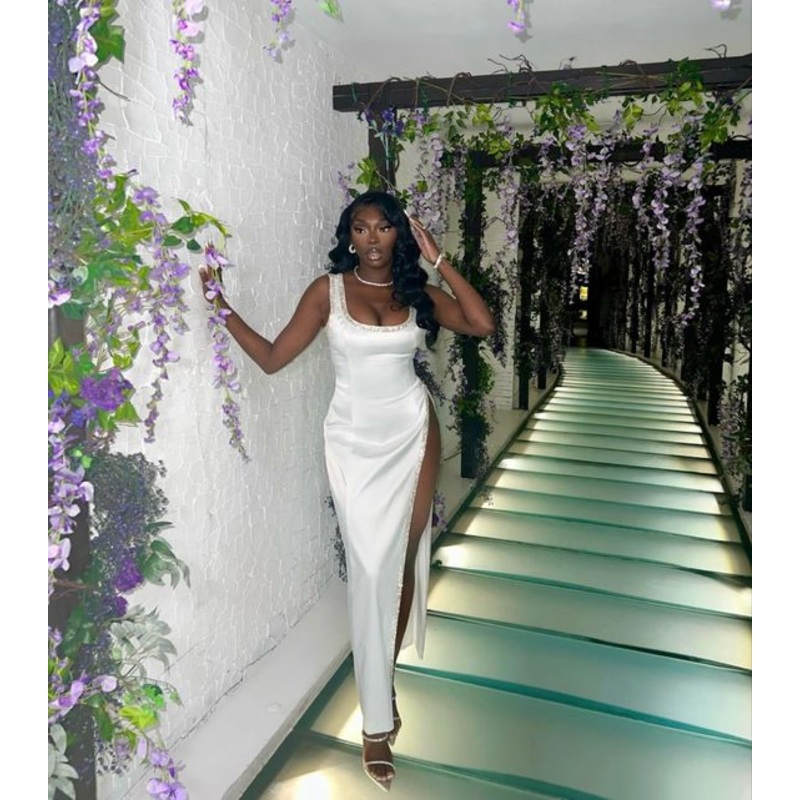 White Square Neck Black Girl Long Party Dress with High Slit,DP1804