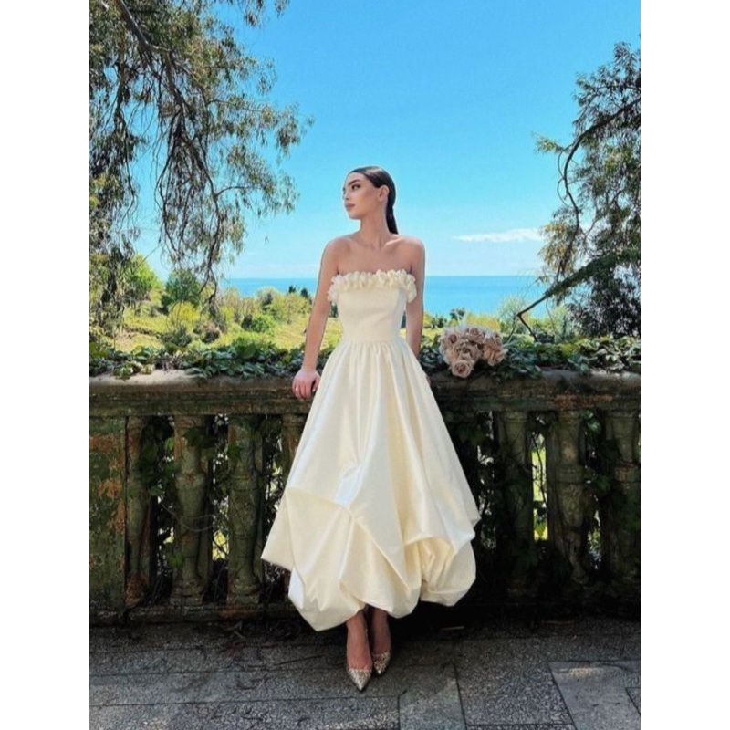 White Strapless A-Line Long Party Dress Evening Gown,DP1800