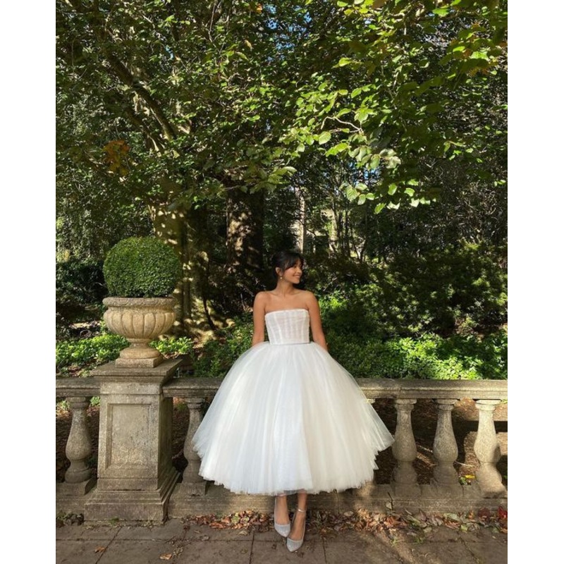 White Strapless A-Line Tulle Birthday Party Dress Evening Gown,DP1801
