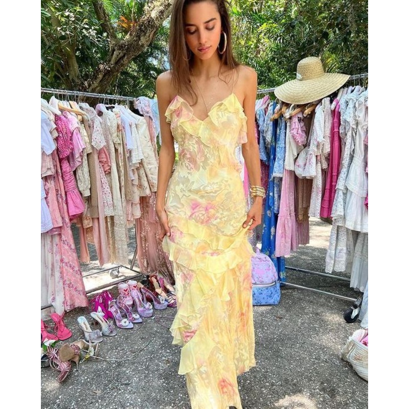 Yellow Straps Ruffles Long Party Dress Weding Guest Dress,DP1903