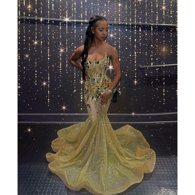 Yellow Strapless Beading Mirror Mermaid Black Girl Evening Dress, DP2115