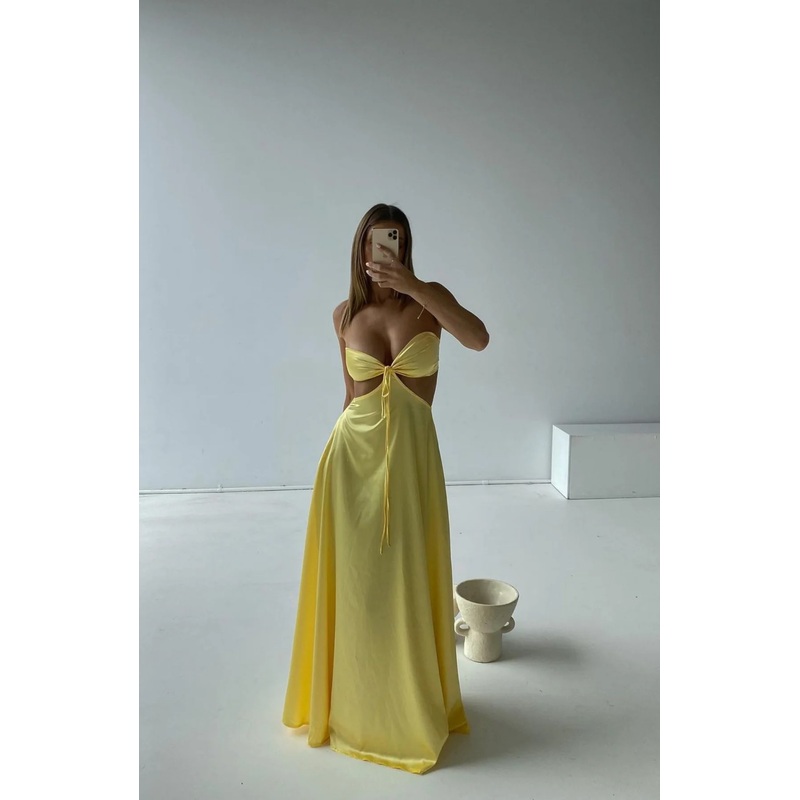 Yellow Strapless Cute Satin Simple A-Line Long Party Dress, DP2484