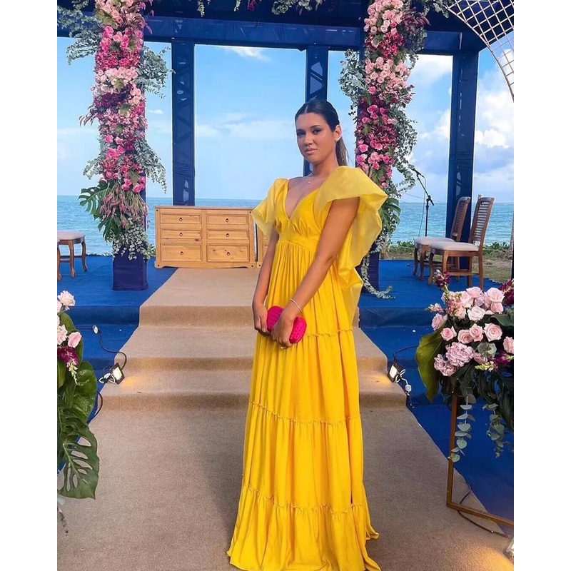 Yellow V Neck A-Line Elegant Long Party Dress, DP2438