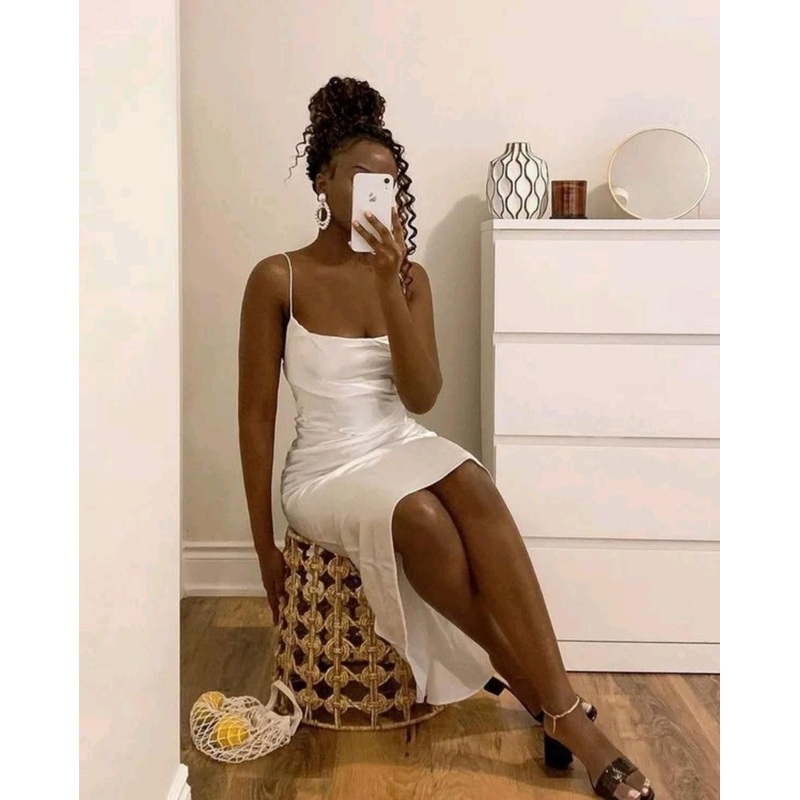 White Straps Satin Midi Length Black Girl Simple Party Dress, DP2527