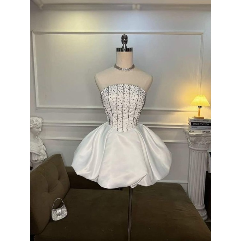 White Strapless A-Line Satin Beading Lovely Short Party Dress, DP2723