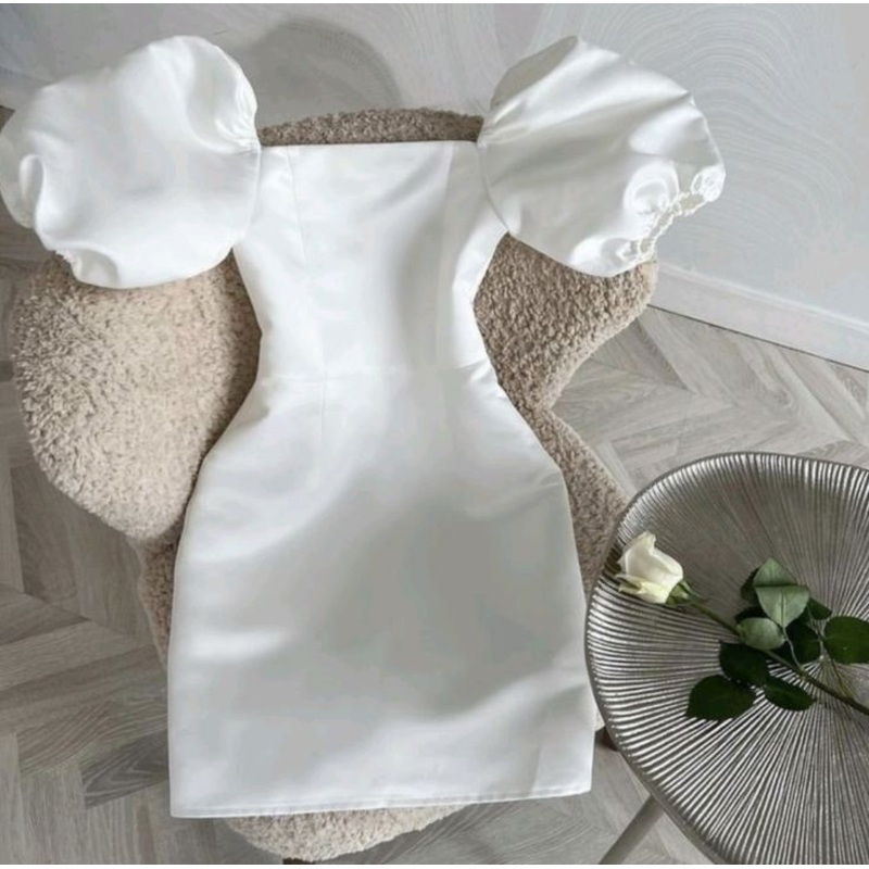 White Square Neck Short Sleeves Mini Homecoming Dress, DP3096