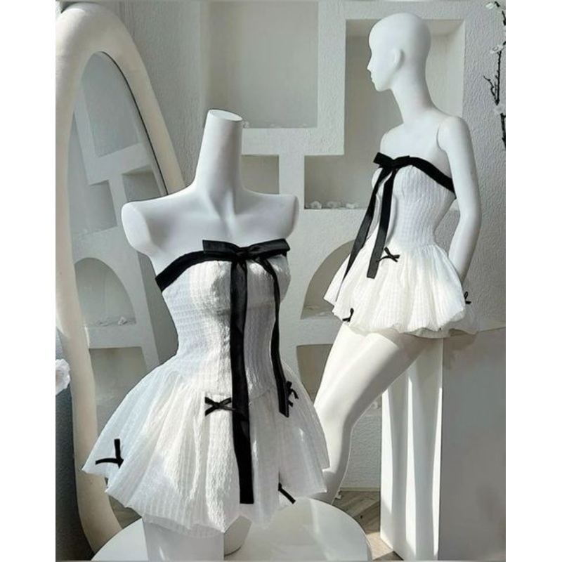 White Strapless Bowknot A-Line Mini Homecoming Dress Birthday Outfits, DP3093