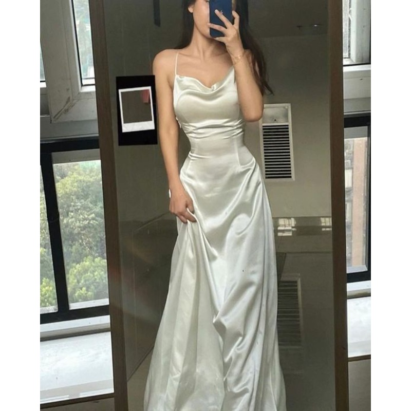 White Straps A-Line Satin Long Party Dress Evening Dress, DP2977
