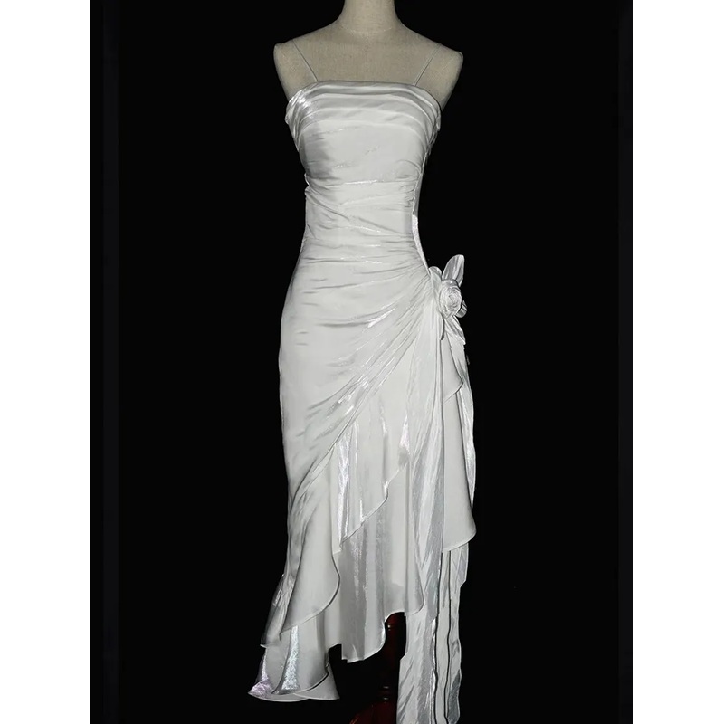 White Straps Vintage Floral Asymmetrical Hem Long Prom Dress, DP3140