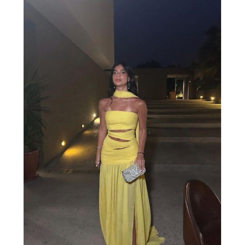 Yellow Strapless Sheath Long Evening Party Dress with Slit, DP3156