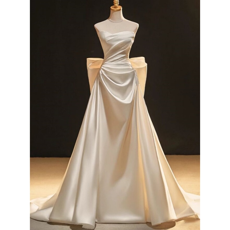 White Strapless A-Line Satin Light Wedding Dress Long Evening Gown, DP3480
