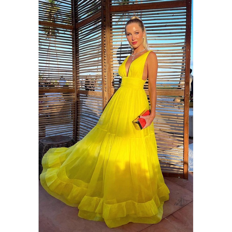 Yellow V Neck A-Line Long Formal Party Dress Chiffon Guest Dress, DP3400