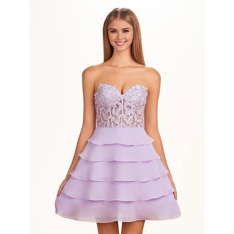 Aimishang A-Line Graduation Dresses Strapless Tiered Corset Short Homecoming Dress with Appliques