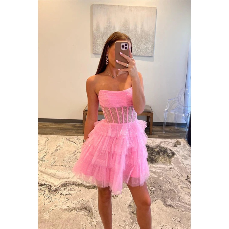 Aimishang Black Graduation Dresses Sparkly Strapless Multi-Layers Tulle Homecoming Dress
