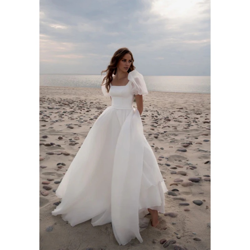 Wholesale Elegant A-Line Square Neck Short Sleeves Wedding Dresses with Train