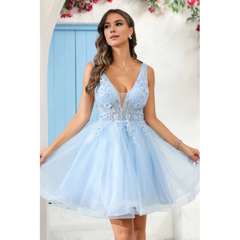 Aimishang Elegant A-Line Evening Dress Deep V Neck Prom Dresses Floral Applique See-through Mini Dress