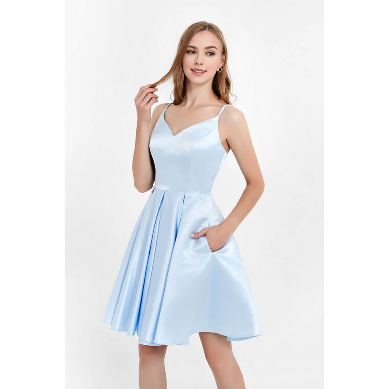 Aimishang Elegant Evening Dress Princess Short Prom Dresses Simple Satin Dress with Pockets